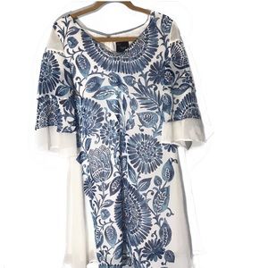 Just...Taylor Bell Sleeve Blue Palm Print Dress